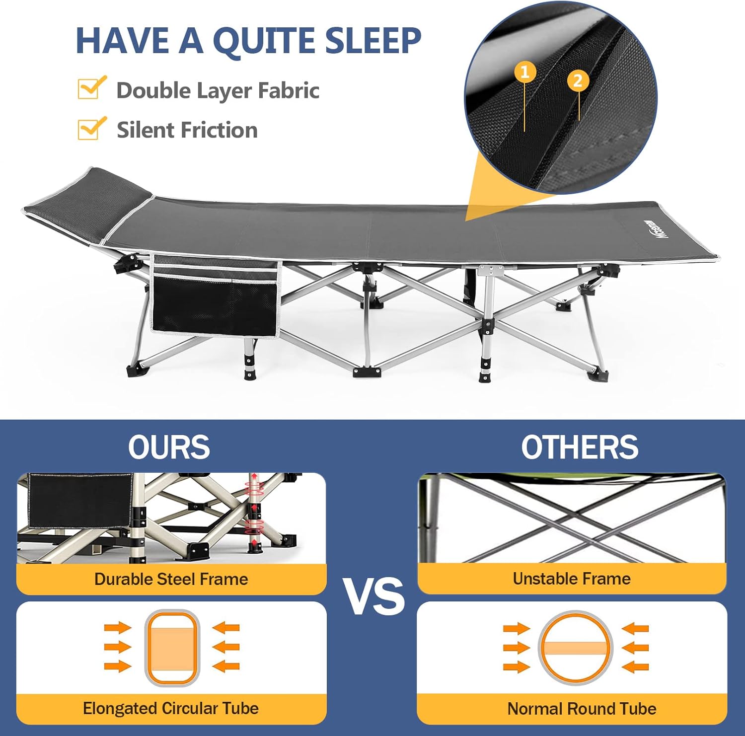 Folding Camping Cot with Carry Bag Grey V365