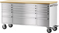 15 Drawer Stainless Steel Rolling Tool Chest with Wheels and Wood Top W441