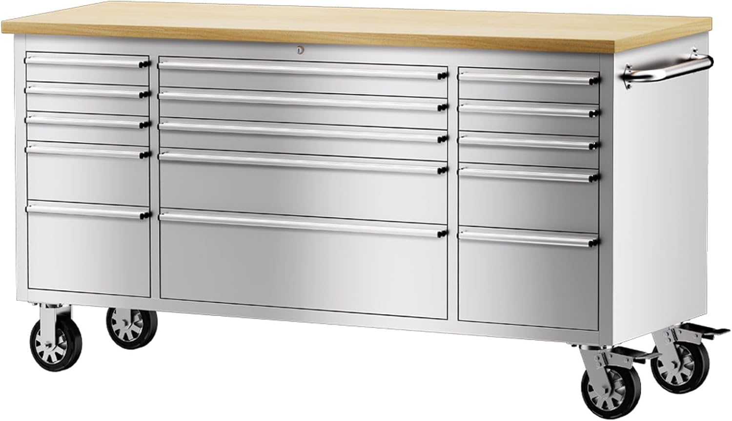 15 Drawer Stainless Steel Rolling Tool Chest with Wheels and Wood Top W441