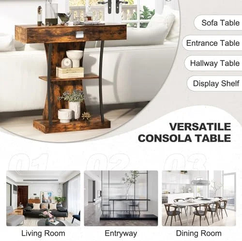 Rustic Brown 3-Tier Console Table with Drawer and Shelves C6612