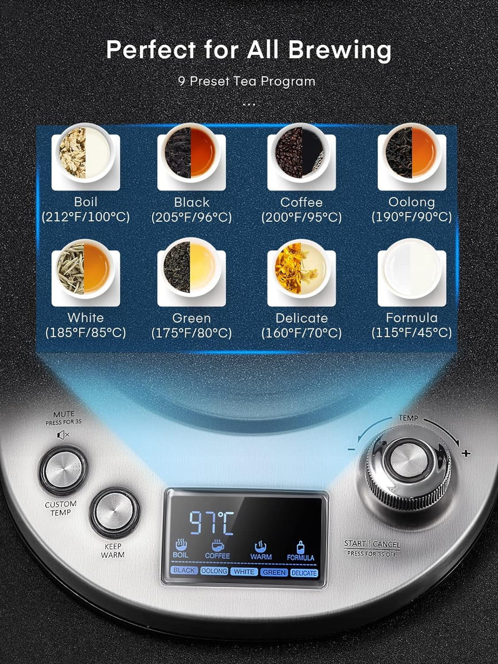 1.7L Borosilicate Glass Electric Tea Kettle with Temperature Control F917464