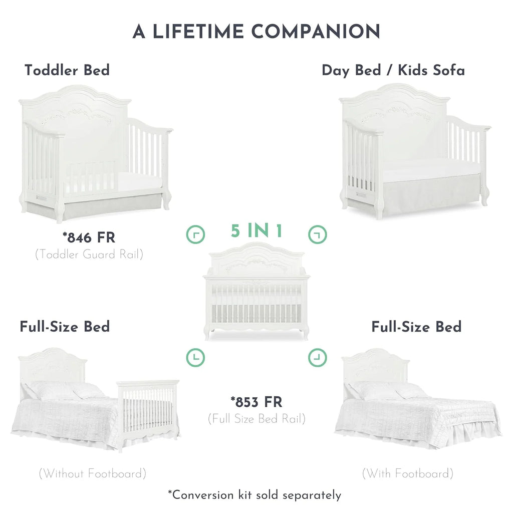 5-in-1 Convertible Crib in Frost, Greenguard Gold Certified, Wooden Baby Crib X39297
