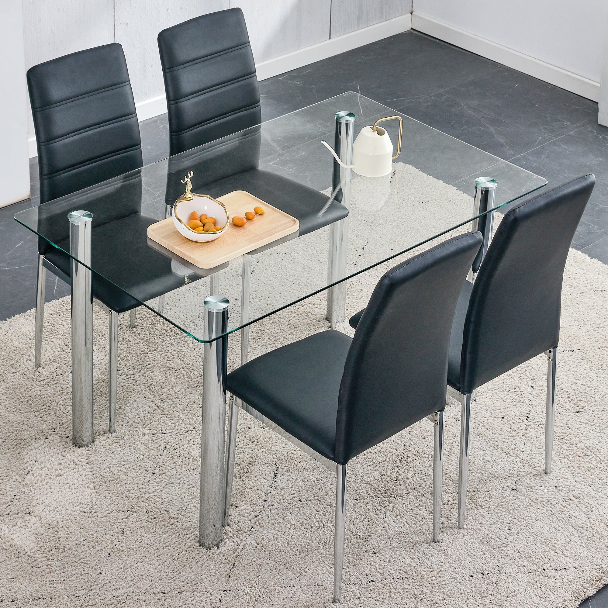 5 Piece Glass Dining Table Set with 4 Black PU Leather Chairs and Metal Legs C3601