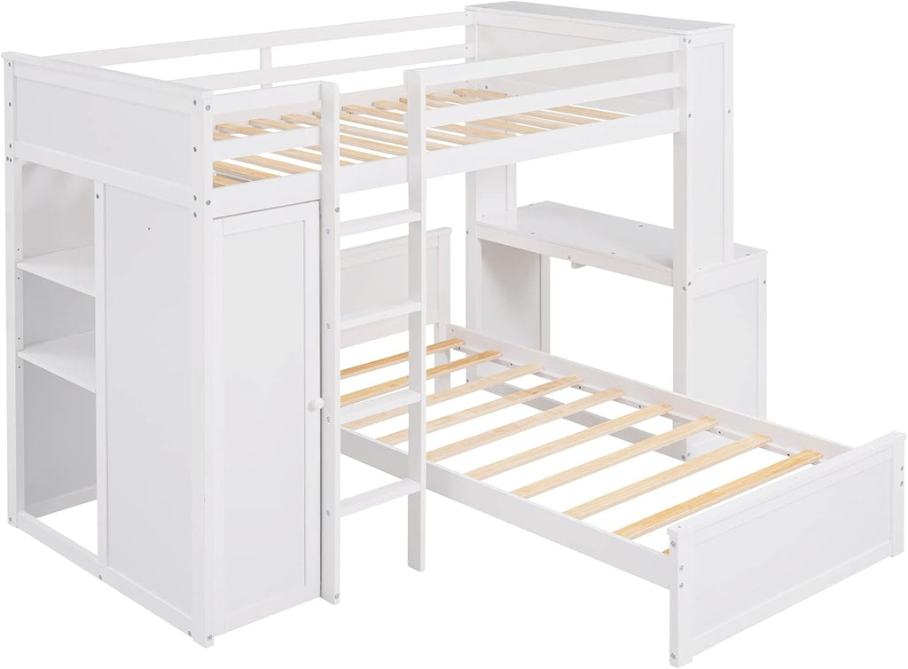 White Twin Wooden Bunk Loft Bed with Shelves Desk and Wardrobe M64287