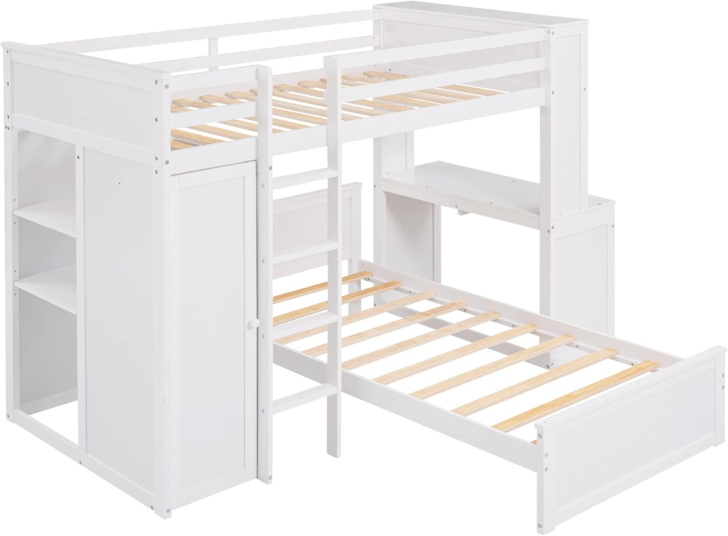 White Twin Wooden Bunk Loft Bed with Shelves Desk and Wardrobe M64287