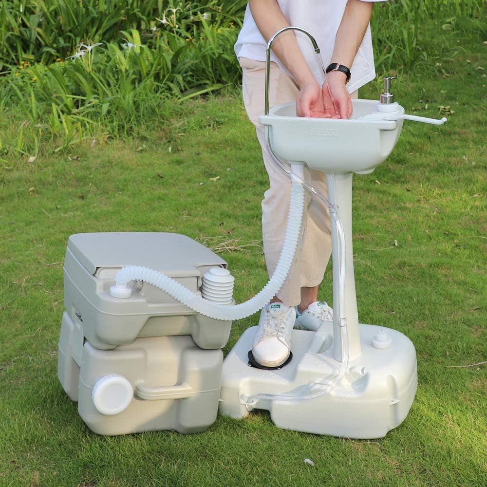 Portable Sink and Toilet Combo, 5 Gal Hand Washing Station & 5.3 Gal Flushing Toilet, Detachable E685181