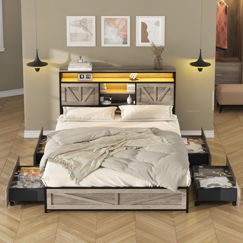 Queen Size Bed Frame with 4 Drawers LED Light and Headboard Storage Shelves, Wash Grey X412355