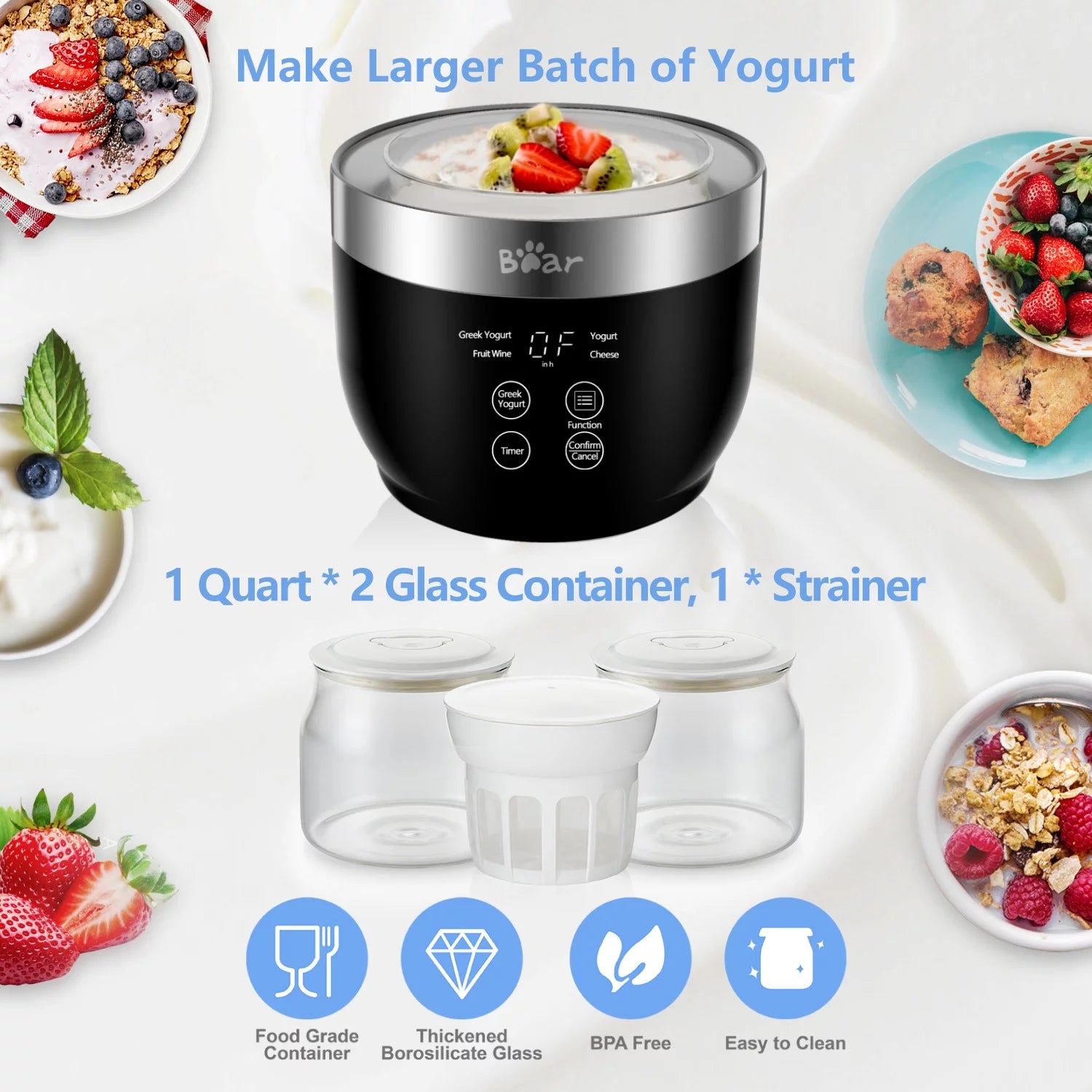 Greek Stainless Steel Yogurt Maker 2 Glass Jars X9519
