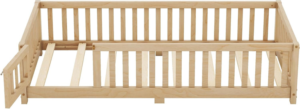 Natural Twin Size Floor Bed with Door and Fence Q9008