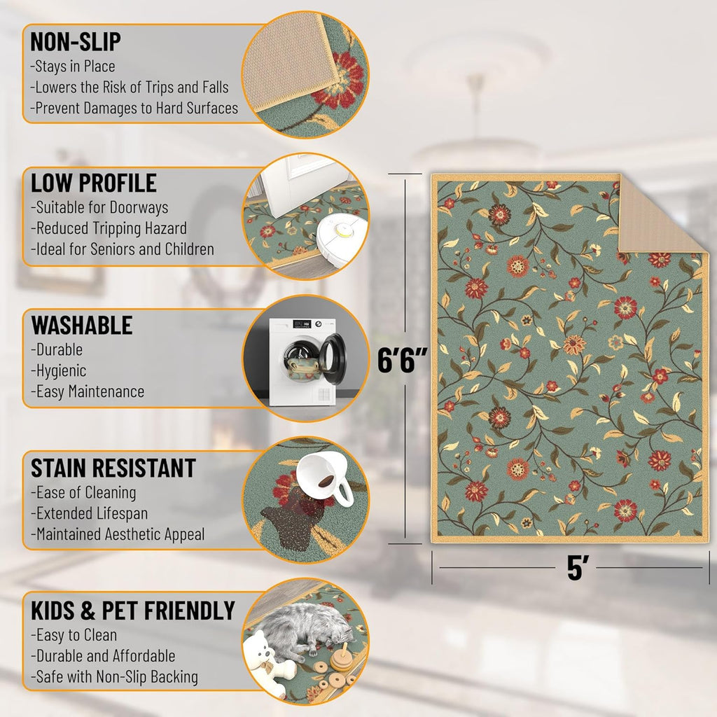 5x7 Seafoam Green Non-Slip Rubberback Traditional Area Rug M10034