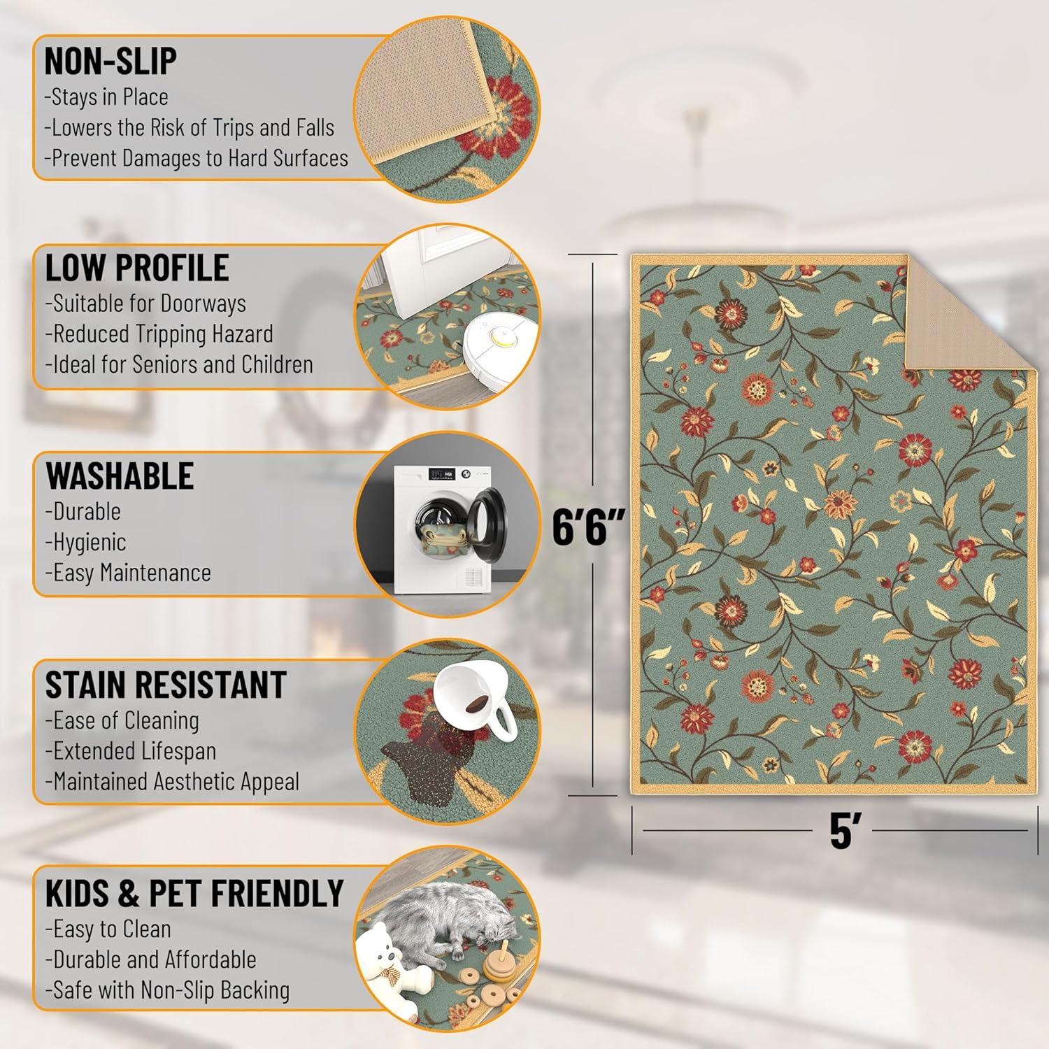 5x7 Seafoam Green Non-Slip Rubberback Traditional Area Rug M10034