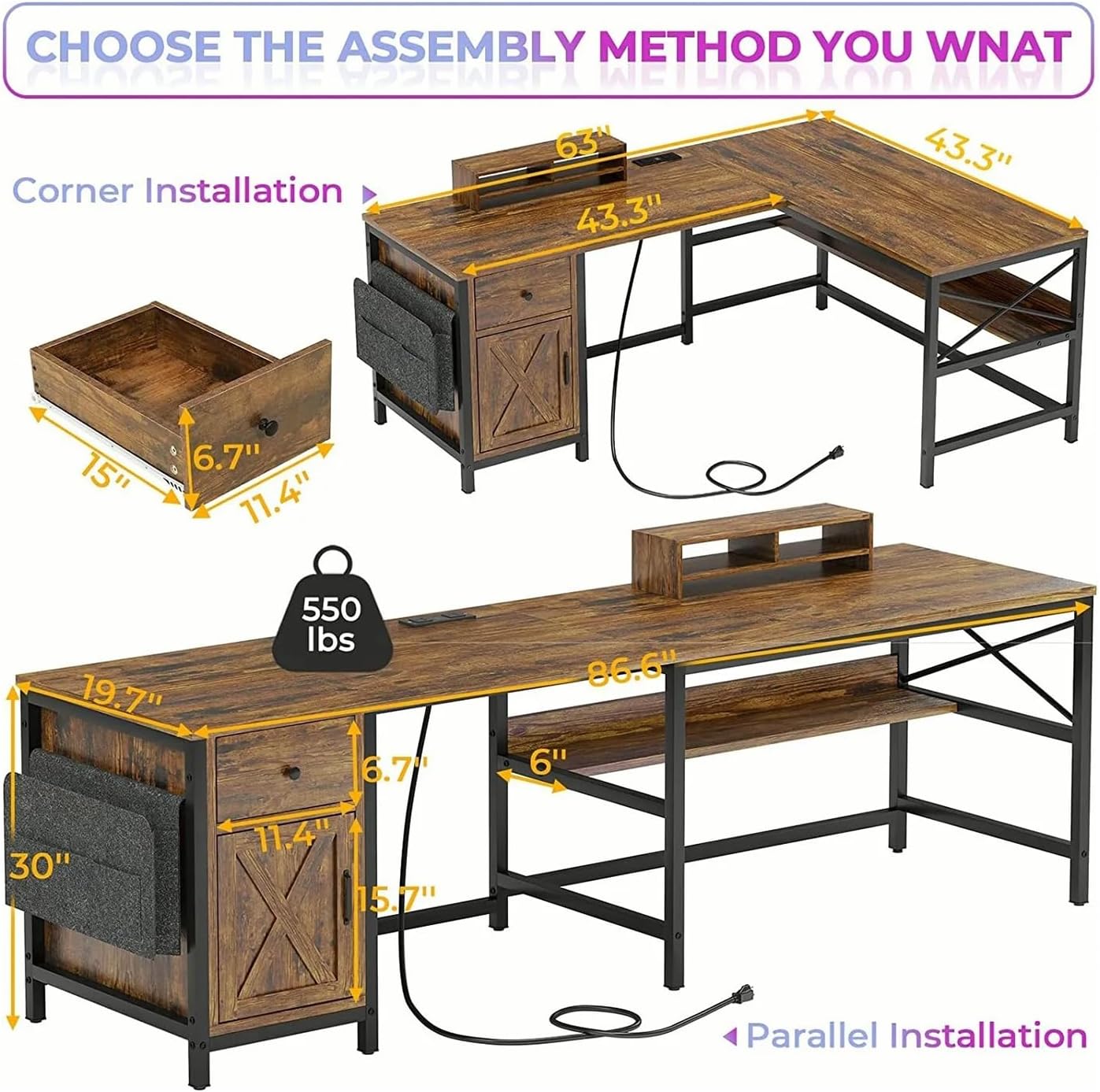 Rustic Brown L Shaped Computer Desk with Monitor Stand Storage Drawer Metal Wood 86.6”L x 19.7”W x 30”H A11725