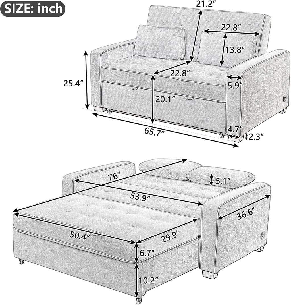 Velvet Convertible Sofa Bed with USB Charging Port L7160