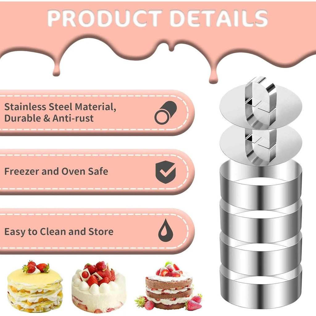 6pcs Stainless Steel Cake Ring Mold Set, 4 Rings, 2 Pusher, Round Q273950