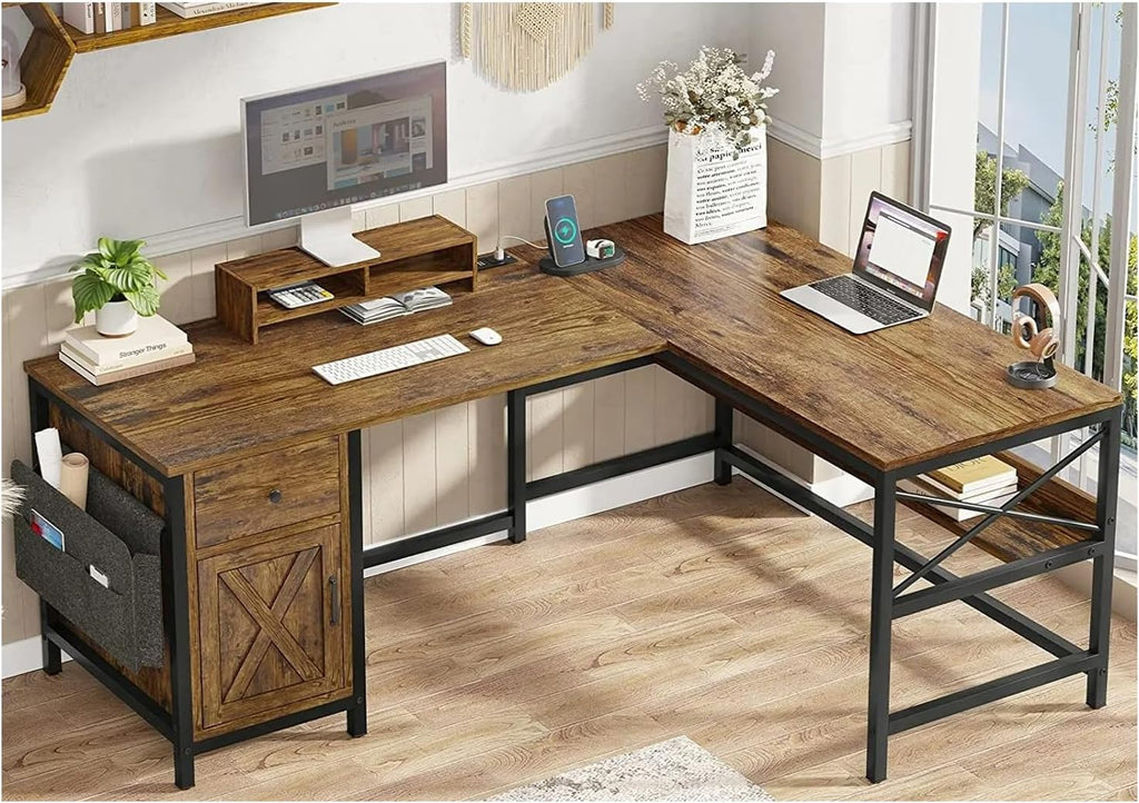 Rustic Brown L Shaped Computer Desk with Monitor Stand Storage Drawer Metal Wood 86.6”L x 19.7”W x 30”H A11725