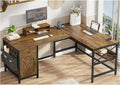 Rustic Brown L Shaped Computer Desk with Monitor Stand Storage Drawer Metal Wood 86.6”L x 19.7”W x 30”H A11725