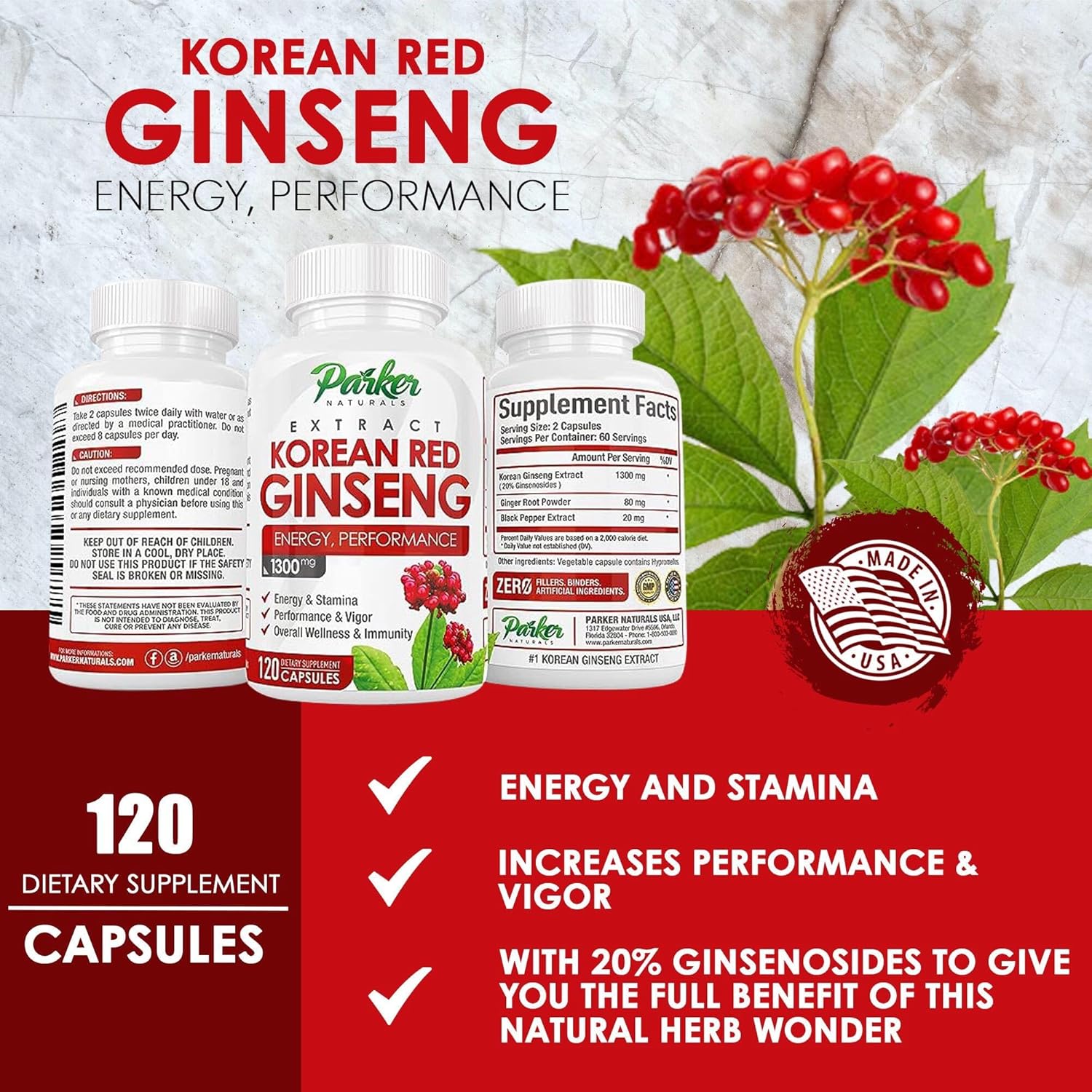 Korean Red Panax Ginseng Extract 1300MG 20% Ginsenosides 120 Caps Z5560