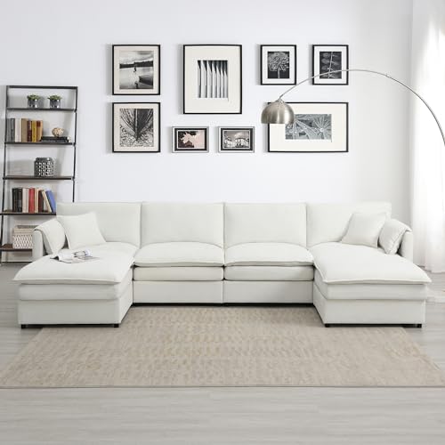 Cream Chenille U Shaped Sectional Sofa with 2 Ottoman D35860