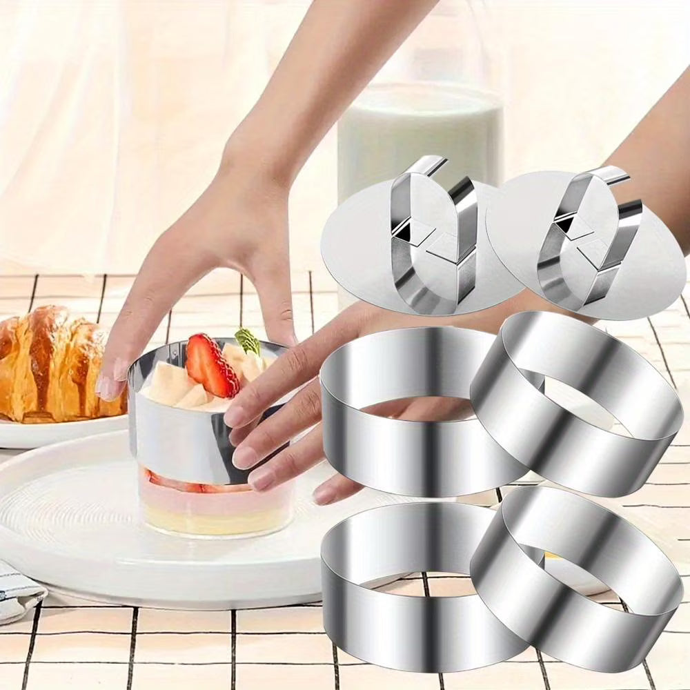 6pcs Stainless Steel Cake Ring Mold Set, 4 Rings, 2 Pusher, Round Q273950