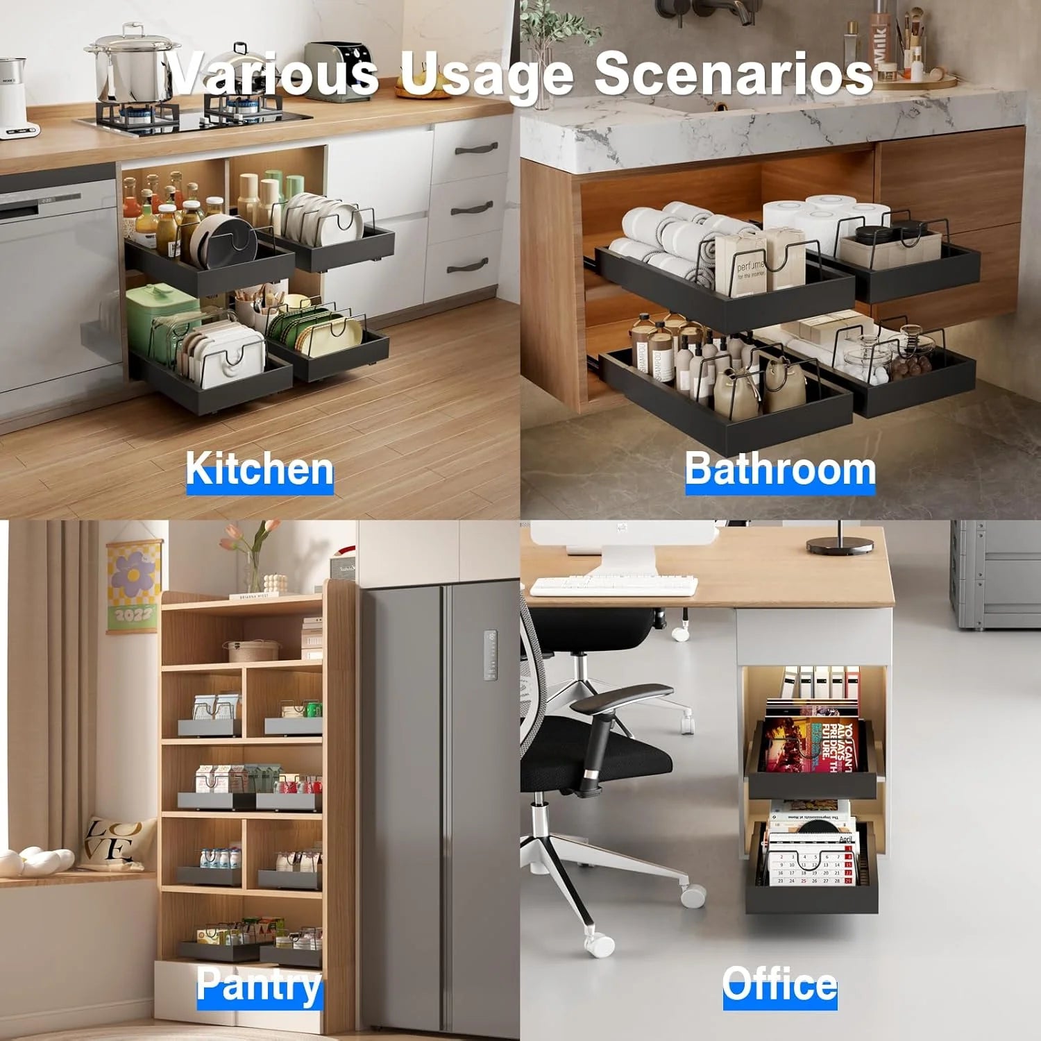 2 Pack Pull Out Cabinet Organizer, Slide Out Drawers, Heavy Duty Shelves, Black B48395