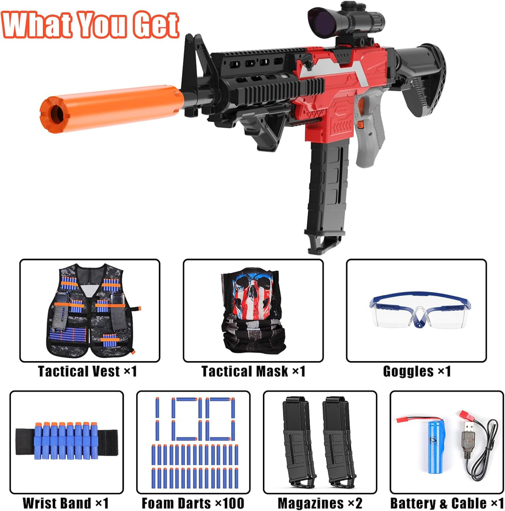 Automatic Toy Foam Blaster with Tactical Vest, 2 Clips and 100 Darts M957