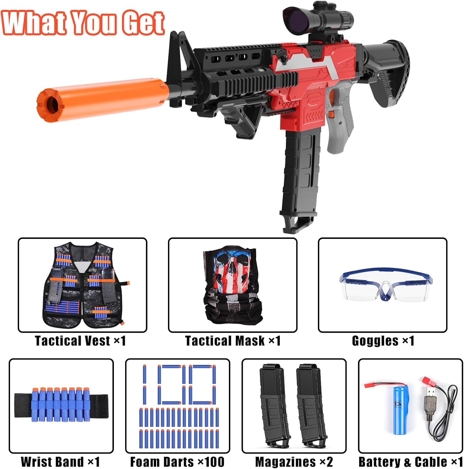 Automatic Toy Foam Blaster with Tactical Vest, 2 Clips and 100 Darts M957