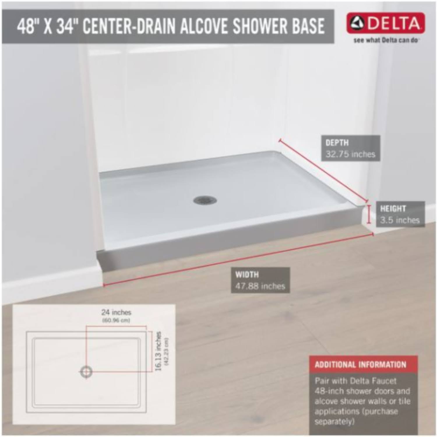 White 48 in. L x 34 in. D Shower Floor & Base J757153