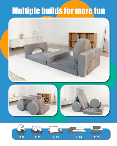 15PCS Modular Toddler Play Couch with Removable Cover Gray Foam Sofa S560391