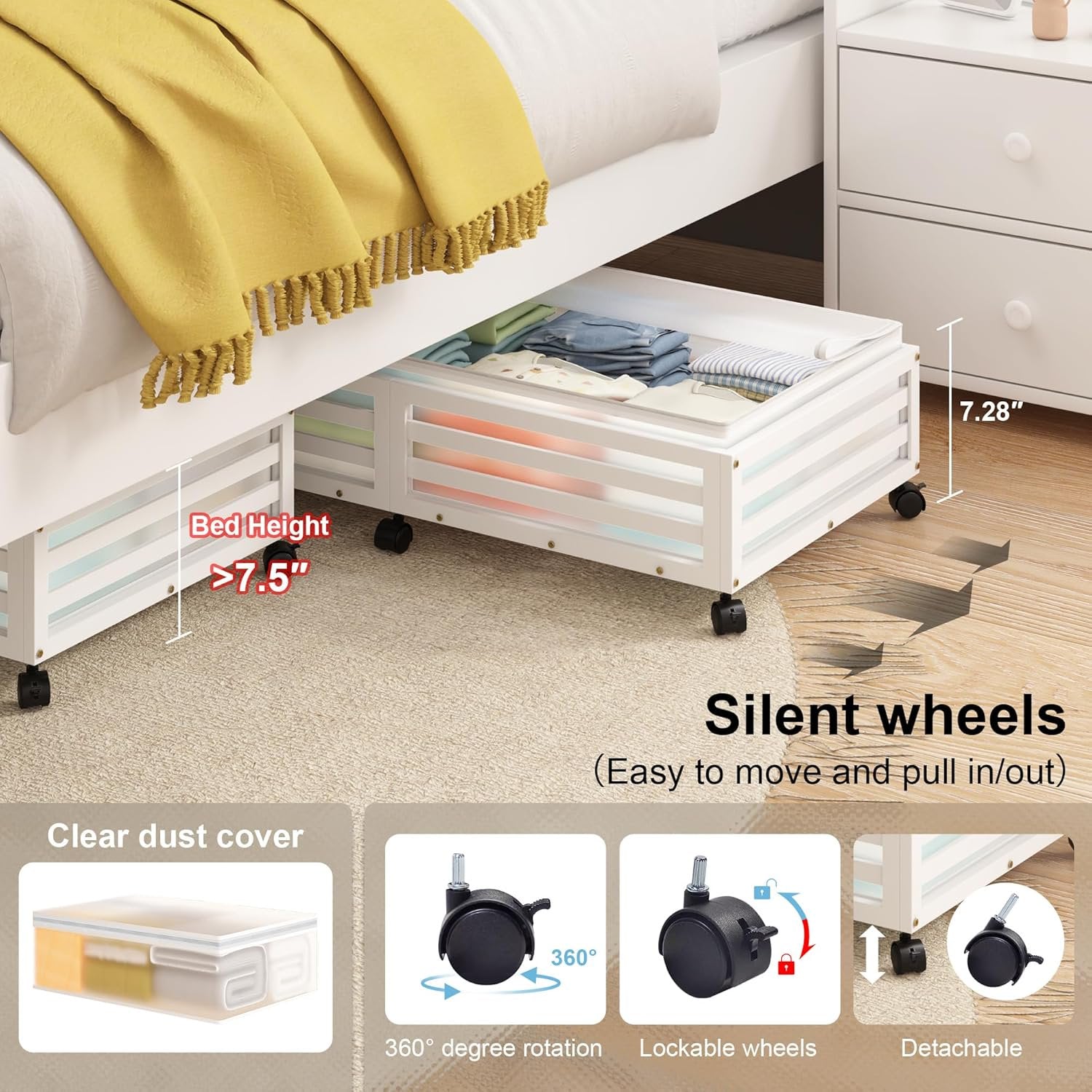 2 Pcs White Bamboo Wood Rolling Storage Bins With Wheels W61393