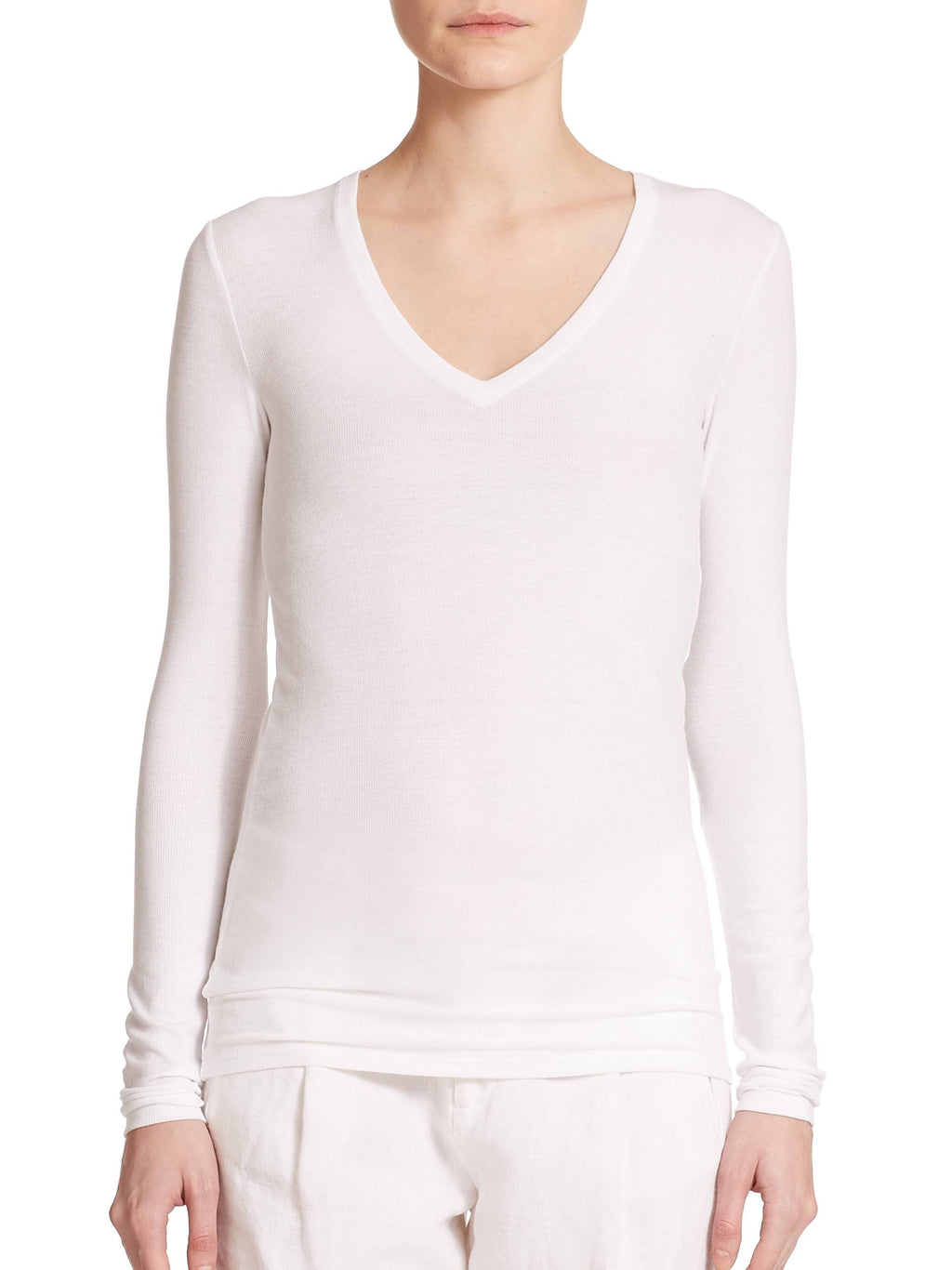 White Long-Sleeve V-Neck Tee I157