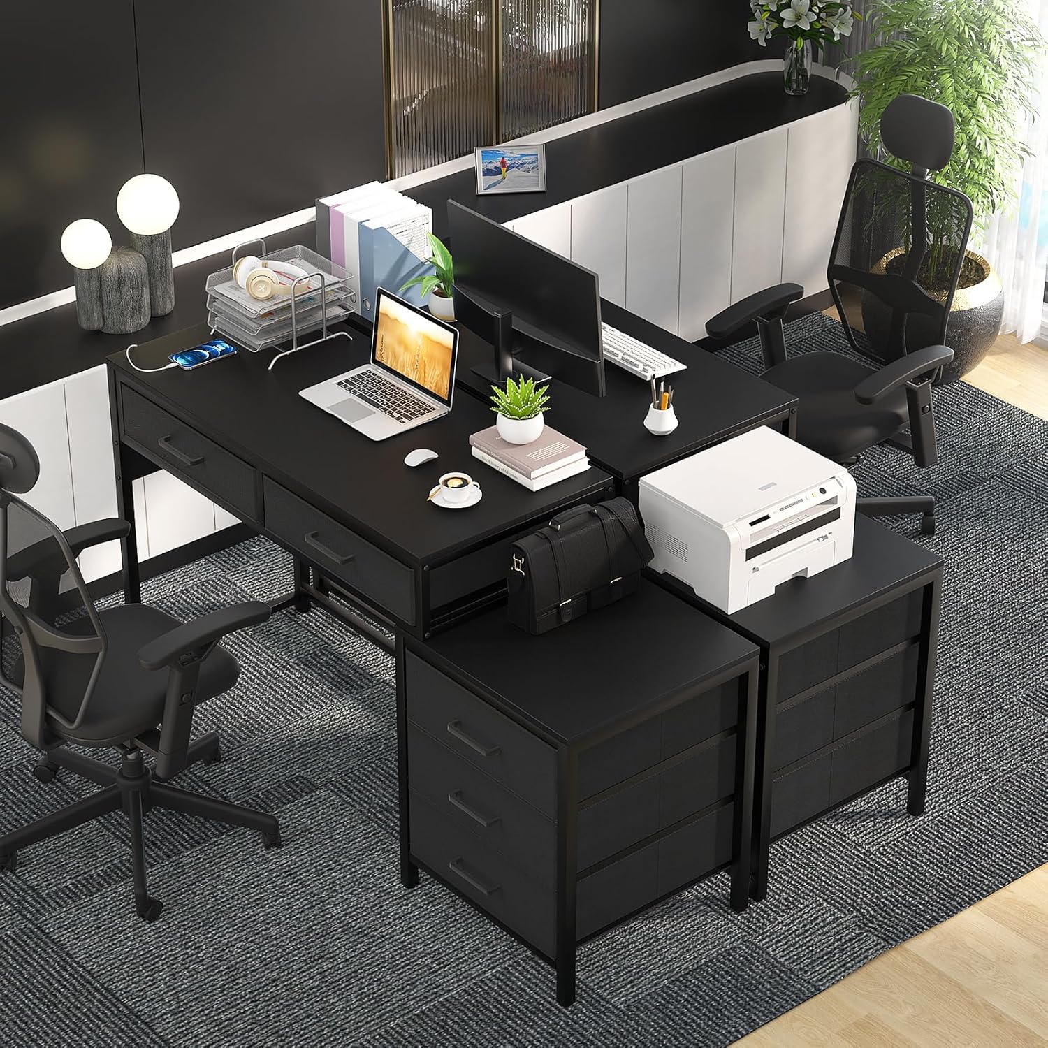 Black Computer Desk with 5 Drawers and Power Outlets I7572