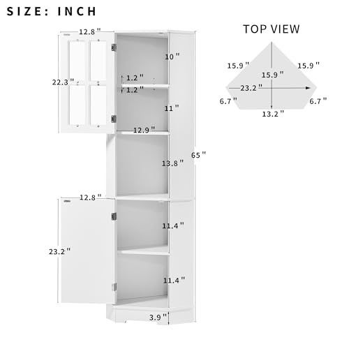 White Tall Corner Cabinet with Adjustable Shelves and Doors F123789