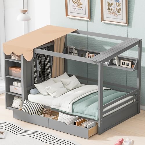 Twin Size Solid Wood House Bed with 2 Drawers and Shelves R593