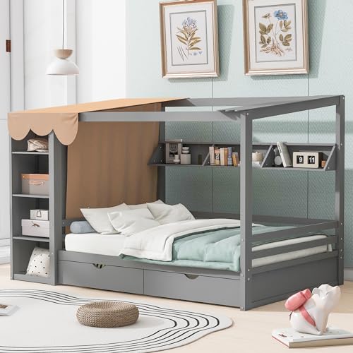 Twin Size Solid Wood House Bed with 2 Drawers and Shelves R593