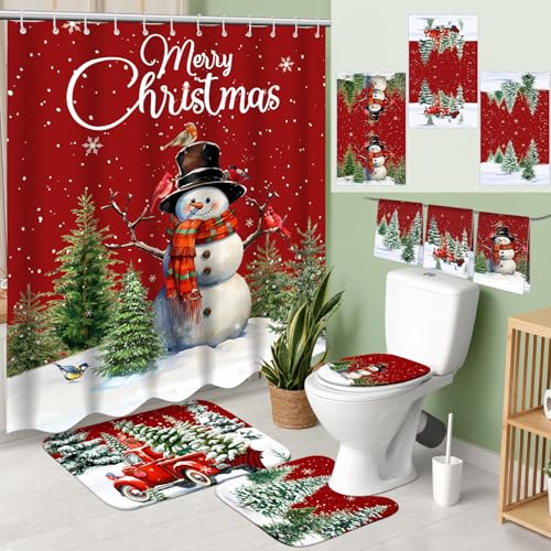 7 Pcs Christmas Shower Curtain Set Non Slip Waterproof Bathroom Accessories L914