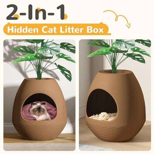 Grey Extra Large Hidden Litter Box Enclosure with Artificial Plants V320162