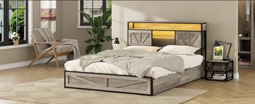 Queen Size Bed Frame with 4 Drawers LED Light and Headboard Storage Shelves, Wash Grey X412355