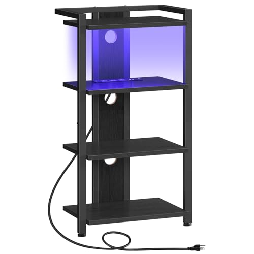 Black 4-Tier Wooden Media Console with Charging Station and LED Light S13971