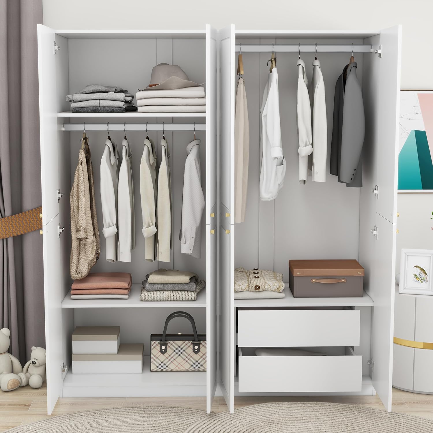 White 4 Door Wood Wardrobe with 2 Drawers J4776