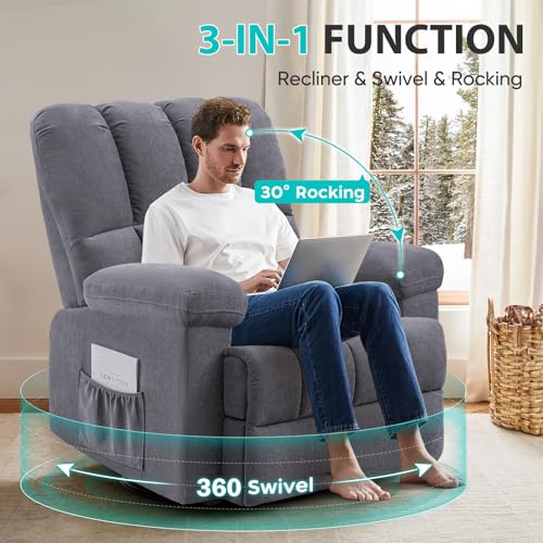 Oversized Chenille Swivel Rocker Recliner Chair, Grey C834326