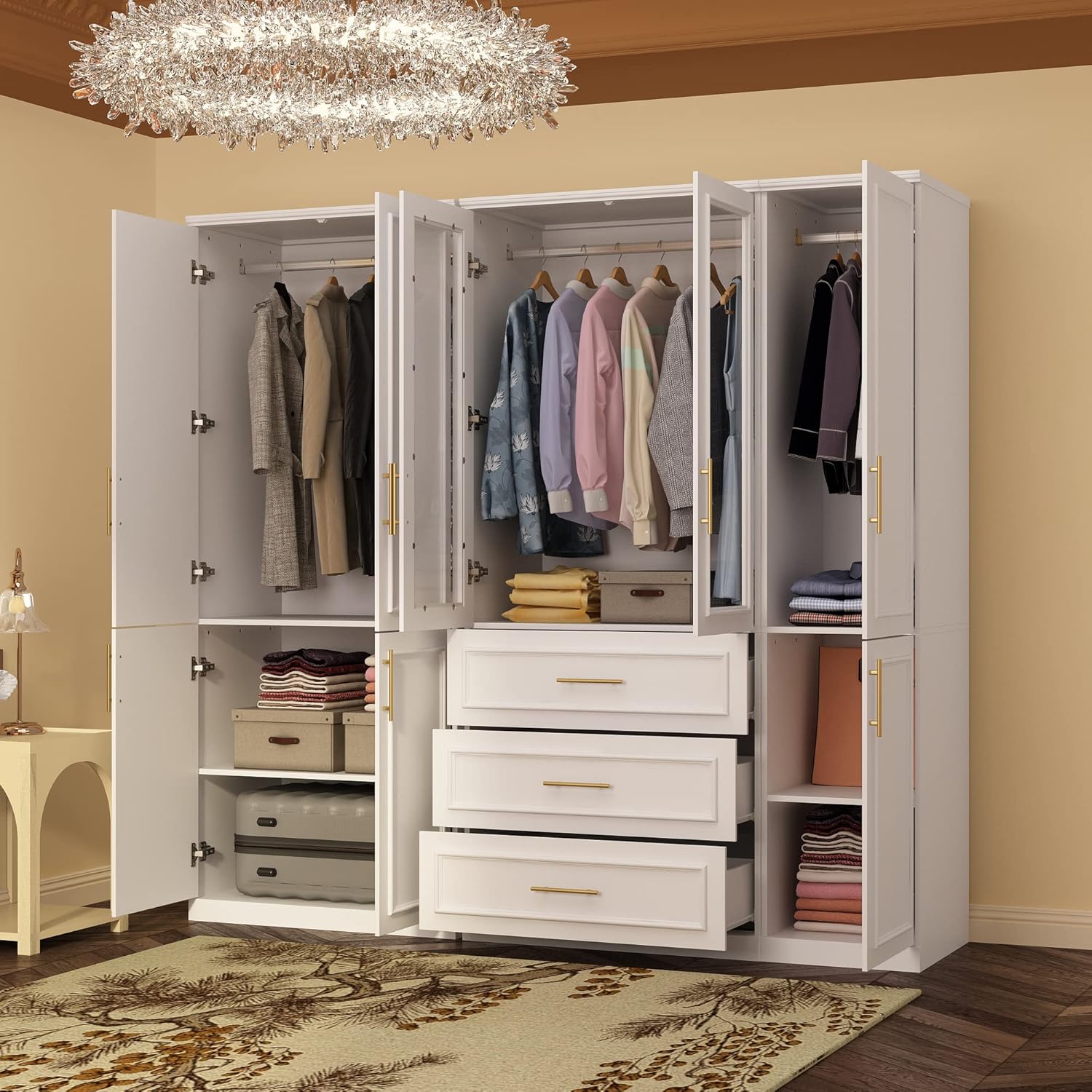 White 8 Door Wooden Wardrobe Armoire with Drawers and Hanging Rods W479