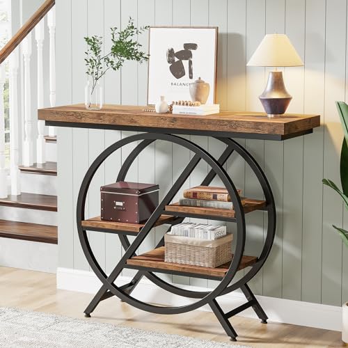 39.4-Inch Rustic Brown Console Table with 4-Tier Geometric Metal Frame Q749883
