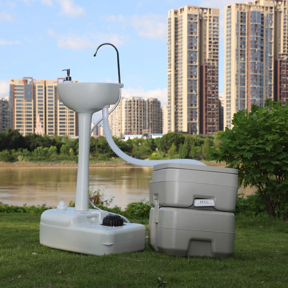 Portable Sink and Toilet Combo, 5 Gal Hand Washing Station & 5.3 Gal Flushing Toilet, Detachable E685181