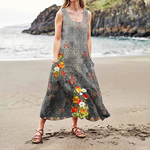 Sleeveless Cotton Linen Sundress Long Dress with Pockets O560