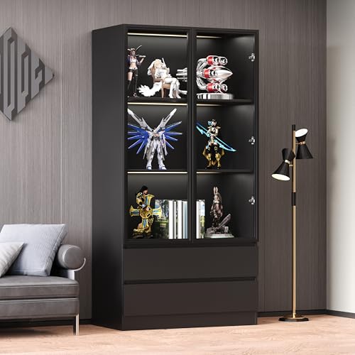 Black Tempered Glass Display Cabinet with LED Lights and 3 Shelves B3084