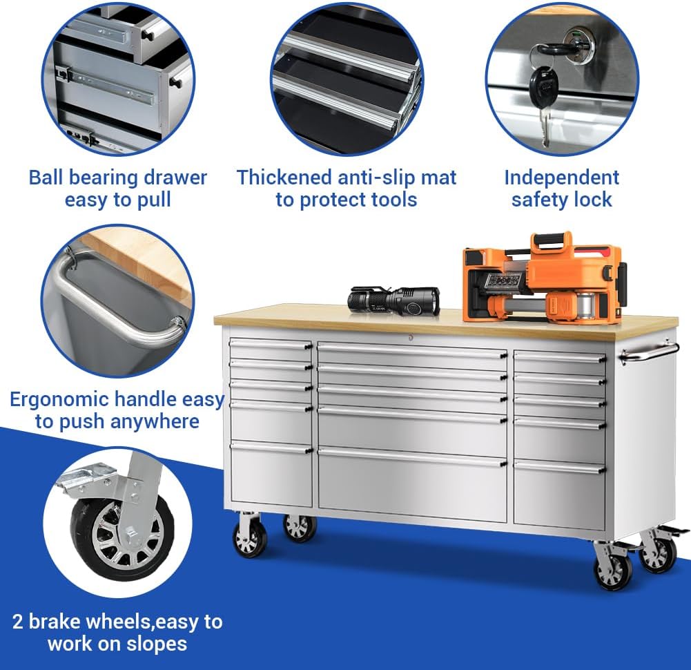 15 Drawer Stainless Steel Rolling Tool Chest with Wheels and Wood Top W441