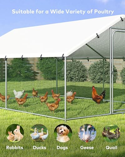 Large Metal Chicken Coop Run with Spire Roof Outdoor Poultry Cage with Waterproof UV-Resistant Cover (8.9’ W x 11.8’ L x 6.6’ H) T1864