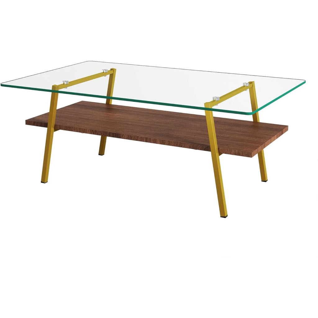 Black Frame Transparent Glass Brown Wood Coffee Table U560
