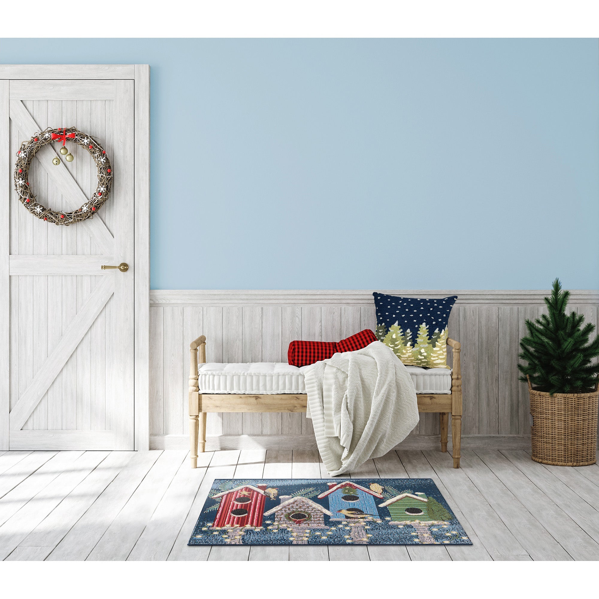 Esencia Birdhouse Holiday Indoor Outdoor Mat with Non-Skid Backing