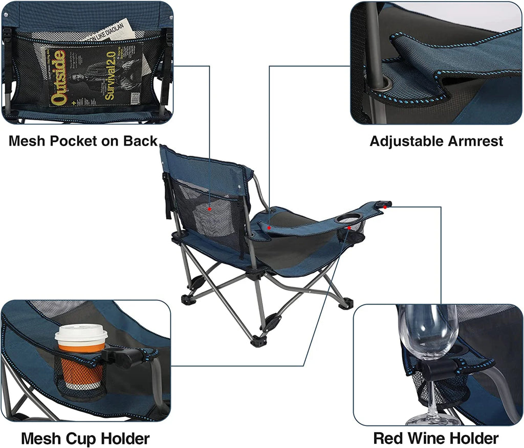 Low Beach Chair with Adjustable Backrest and Cup Holder, Navy F7552